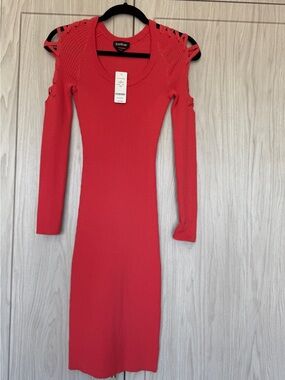 BeBe Sunset Orange Ribbed Cold-Shoulder Midi Dress